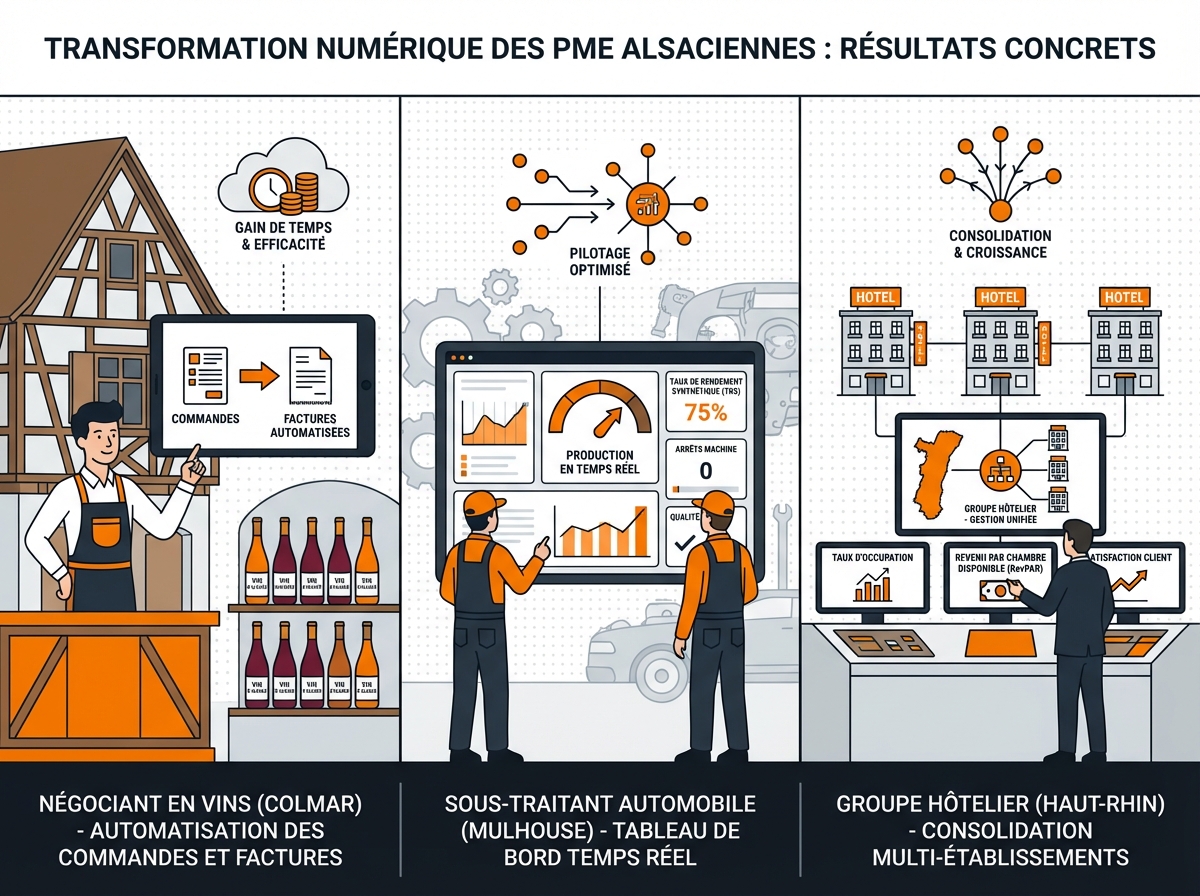 Exemples concrets d'automatisation en Alsace - négociant vin Colmar, sous-traitant Mulhouse, hôtelier Haut-Rhin